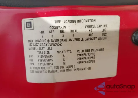 2000 Chevrolet Cavalier from USA, damaged, VIN 1G1JC1244Y7342452